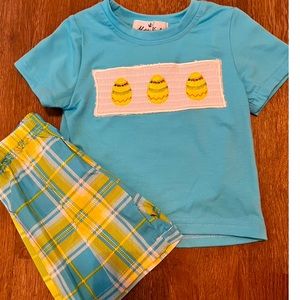 NWT Smocked boys 2pc outfit 6-12M Eggs Easter Blue
